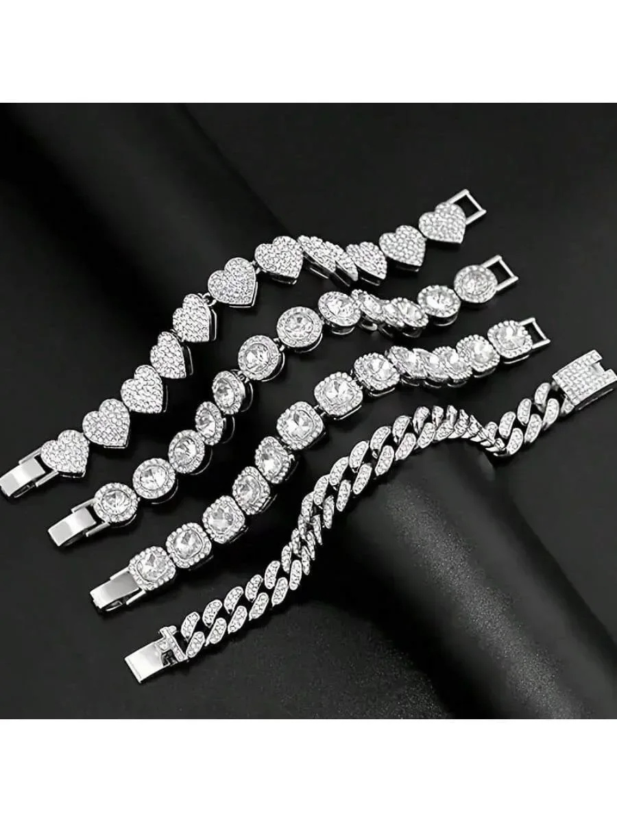 Set di braccialetti a catena cubana con strass pieni di design di nicchia alla moda da 4 pezzi, accessori hip-hop con strass personalizzati alla moda.