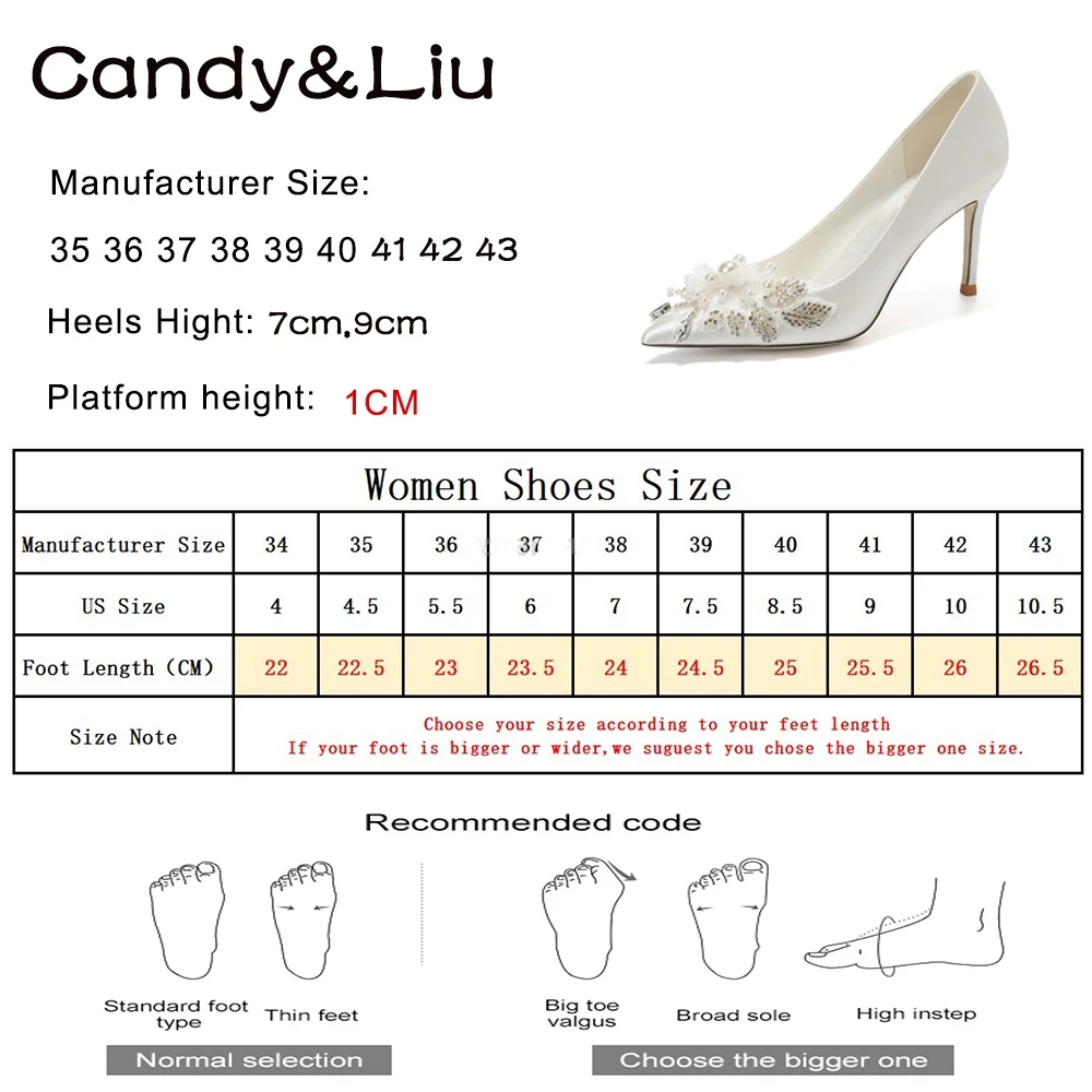 Bride Shoes Crystals Flowers Women Pumps 2023 New White High Heels Luxury Hand-embroidered Pearl Flowers Satin Lady Thin Heels