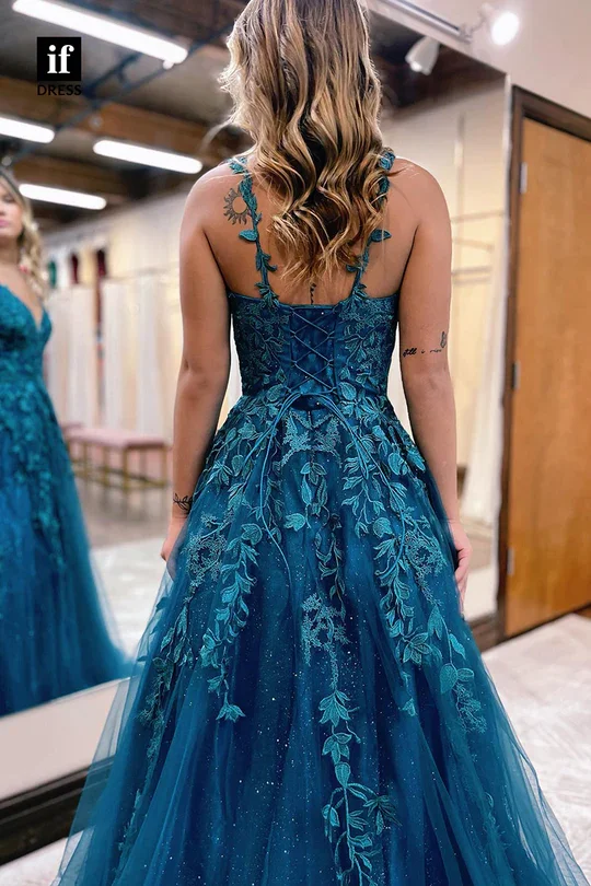 Xijun Glitter Blue Evening Dresses Lace Party Dresses Prom Dress Spaghetti Strap A-Line Prom Gowns Flower Appliques 2023 V-Neck