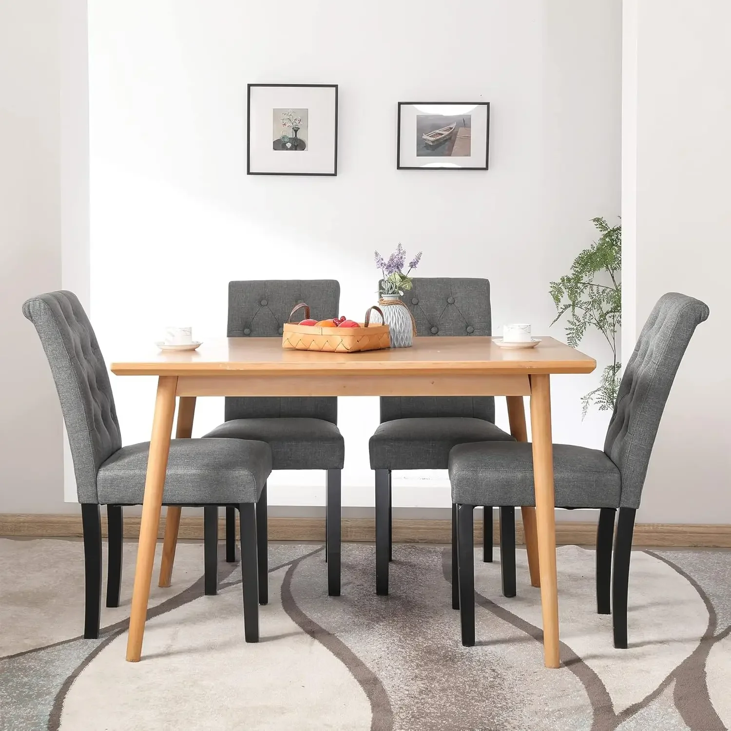 Button-Tufted Upholstered Fabric Dining Chairs with Solid Wood Legs, Set of 4 (Gray)