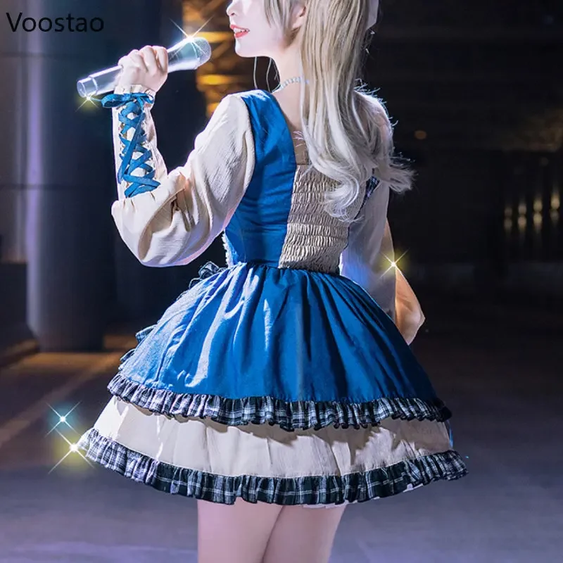 2025Japanese Dolce Arco Lolita OP Vestito Delle Donne Kawaii Plaid Increspature Patchwork Denim Abiti Da Festa Delle Ragazze Gotico Y2K Punk Mini Vestito