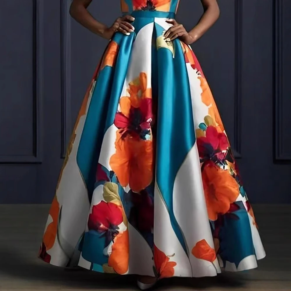 Women Elegant Floral Printed Dress Sleeveless Crew Neck Maxi Evening Dress 2025 New Summer High Waist Slim Party Wedding Dresses