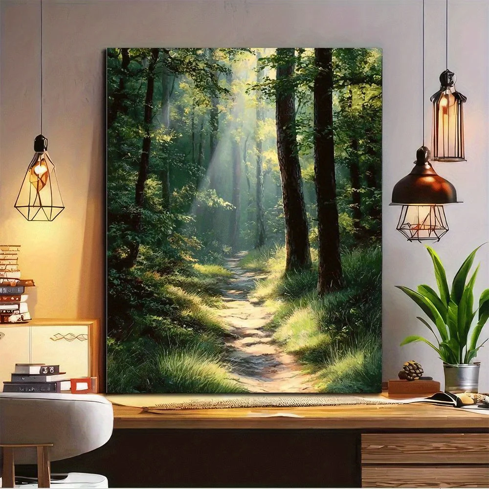 Frameless Modern Nature Painting with Lush Green Trees & Sunlit Woodland, Vibrant Wall Decor for Living Room, Bedroom, Office, C