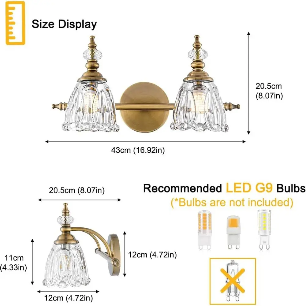Светильники для туалетного столика с 2 лампами в деревенском стиле и цветочными стеклянными абажурами для освещения ванной комнаты в фермерском доме