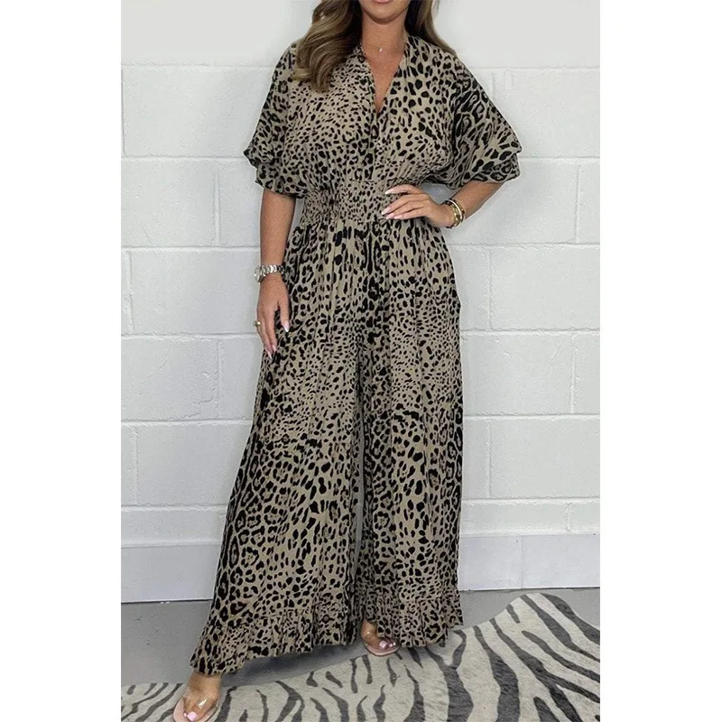 

Fashion Leopard Print Jumpsuit For Women Elegant Butterfly Sleeves Elastic Waist Slim Fit Wide Leg Jumpsuit 2024 Summer New