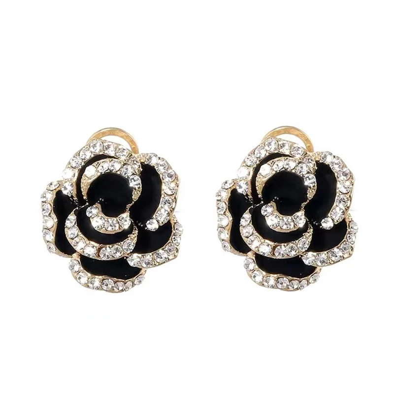 Sexy and Shiny Rhinestone Black Camellia Flower Earrings Luxury Accessories for 2024 Fashion Jewelry Women\'s and Girls\' Party