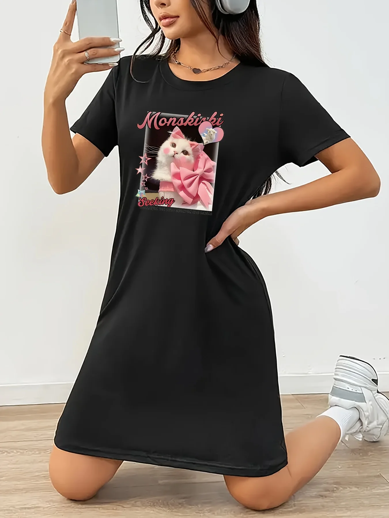 

2025 Summer New Style Women's Retro Geometric Print Short Sleeve Dress - Black Round Neck Plus Size Casual Breathable Skirt