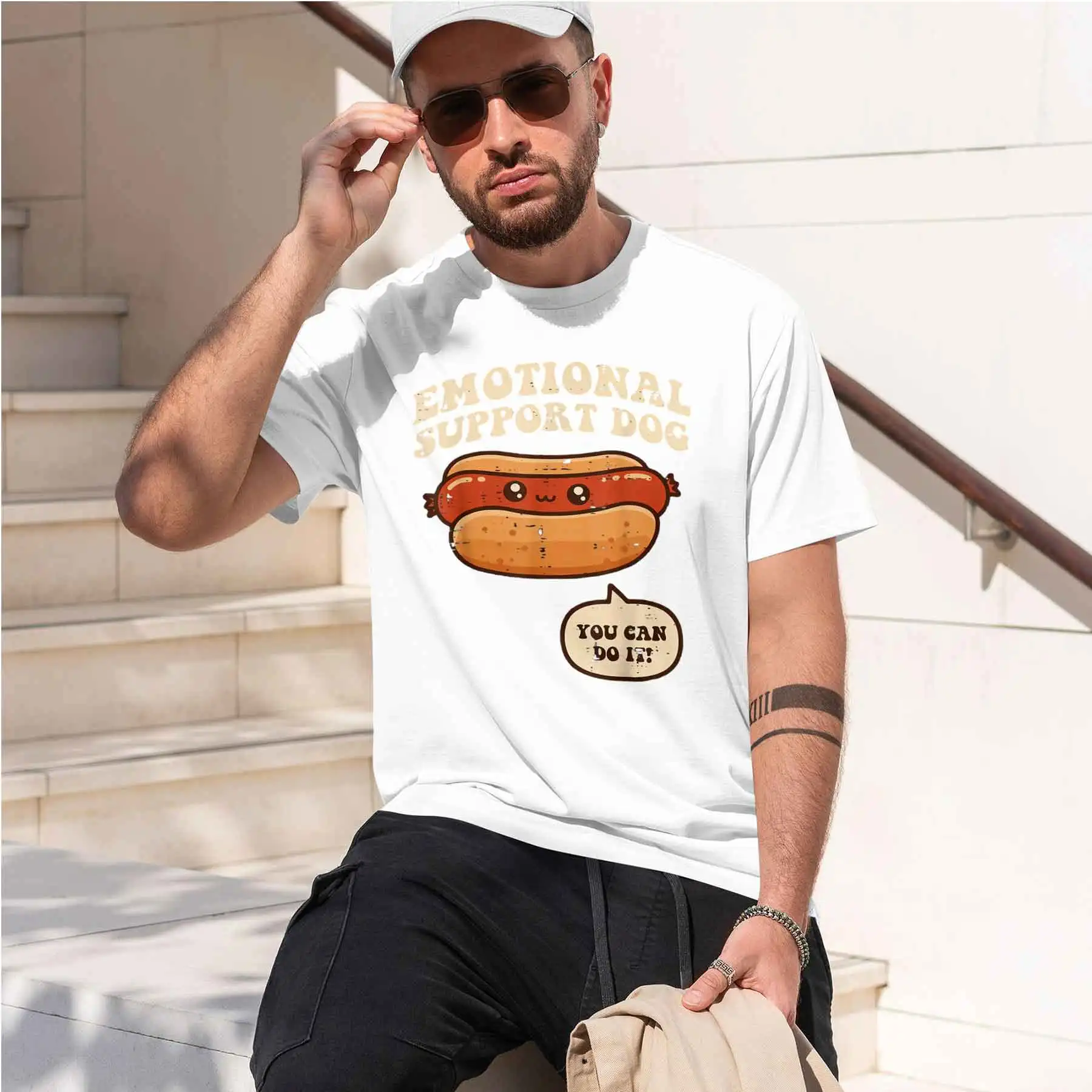 2026 new printed T-shirt Men's Emotional Support Dog Hotdog T-shirt Retro Distressed Encouragement Casual Top
