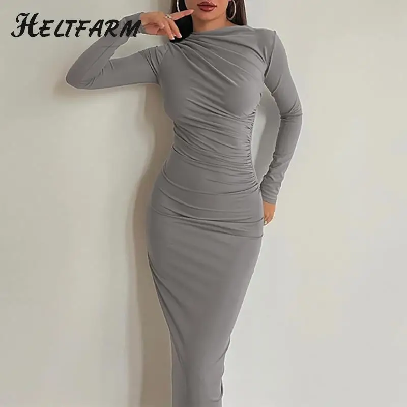 Vestido ceñido al muslo fruncido para mujer, manga larga, cuello alto, ajustado, elegante