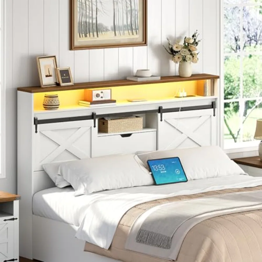 Headboard Queen Size with Storage Farmhouse Queen Headboard Only with Charging Stationd LED Lights Bookcase Headboards with Fli