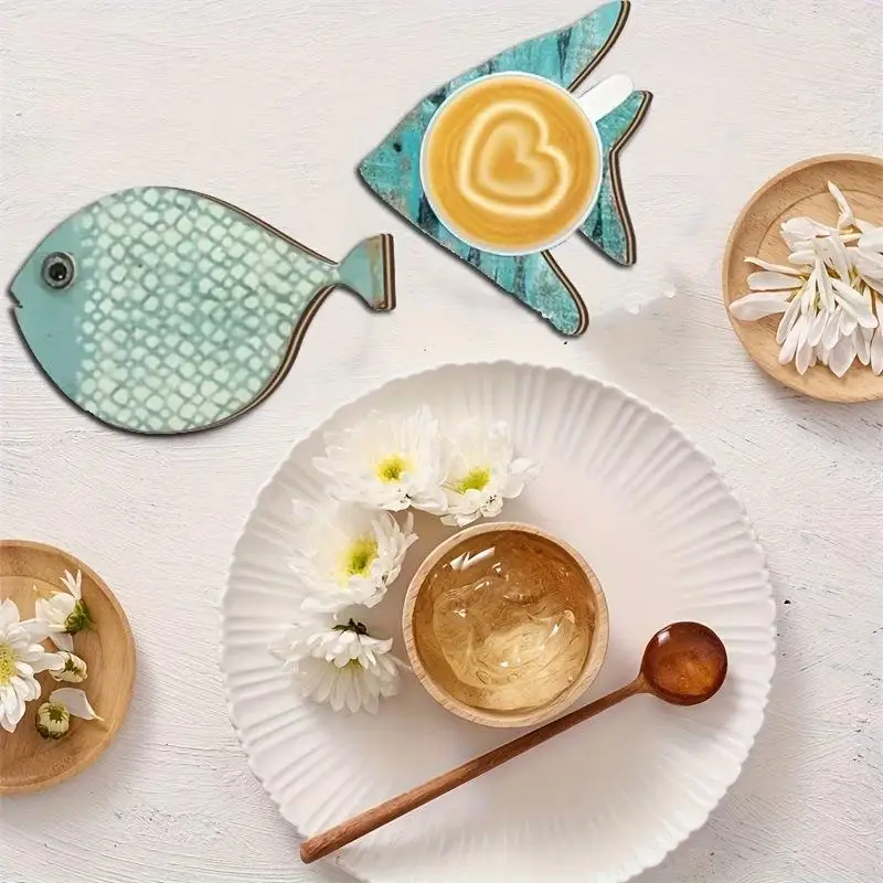 Anti-skidding Heat-Resistant Beach-Themed Kitchen Decoration Maritime Style Coffee Shop 6pcs/set 2D Fish-Shaped Wooden Coasters