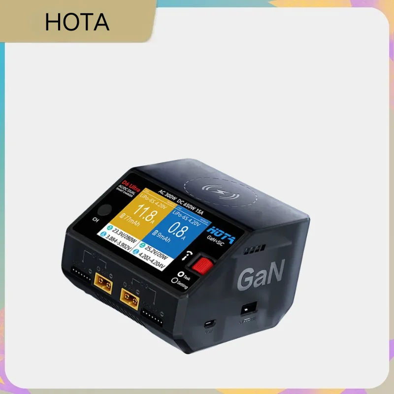 

Зарядное устройство HOTA D6 Ultra AC 300W DC 650W с двумя каналами и технологиями GaN+SiC для аккумуляторов 1-6S Lipo, LiHV, Li-ion, NiMH, с разъемом XT60