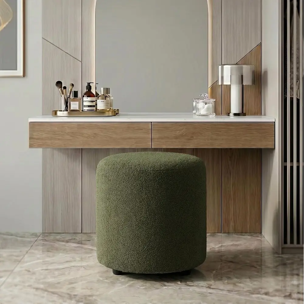 Round Fabric Vanity Stool, Small Ottoman, Cute Upholstered Footrest, Bedroom & Living Room Chair (2, Round-k Green) - view 5