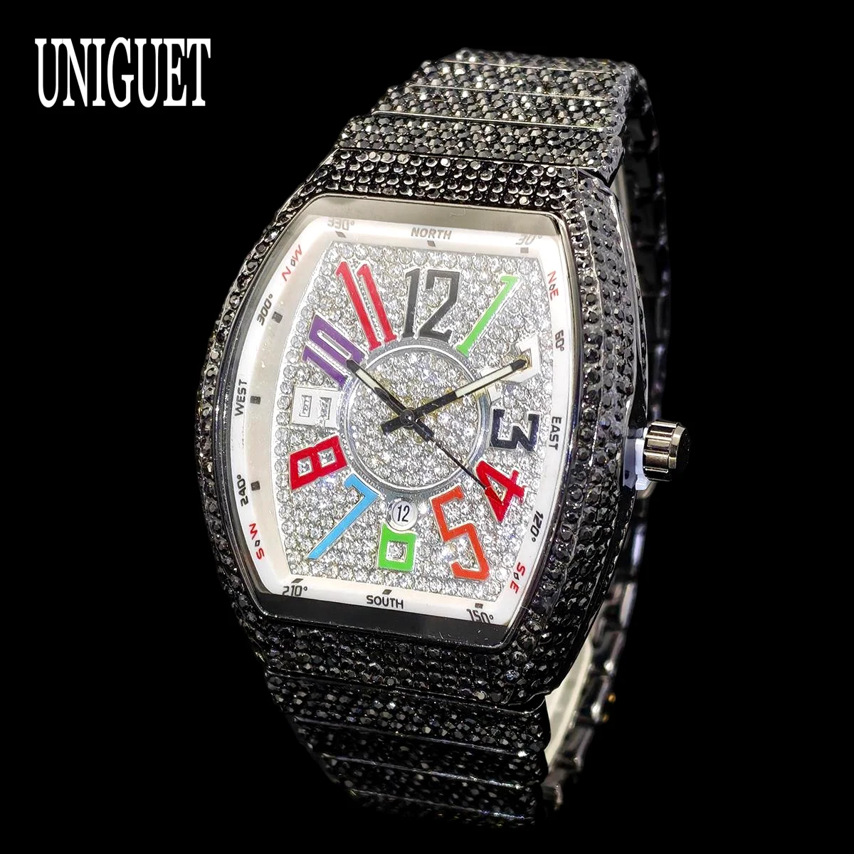 

Luxury Brand UNIGUET Hip Hop Diamond Quartz Watch For Men Fashion Tonneau Color Digital Dial Ice out AAA Man Wristwatch 2026 New