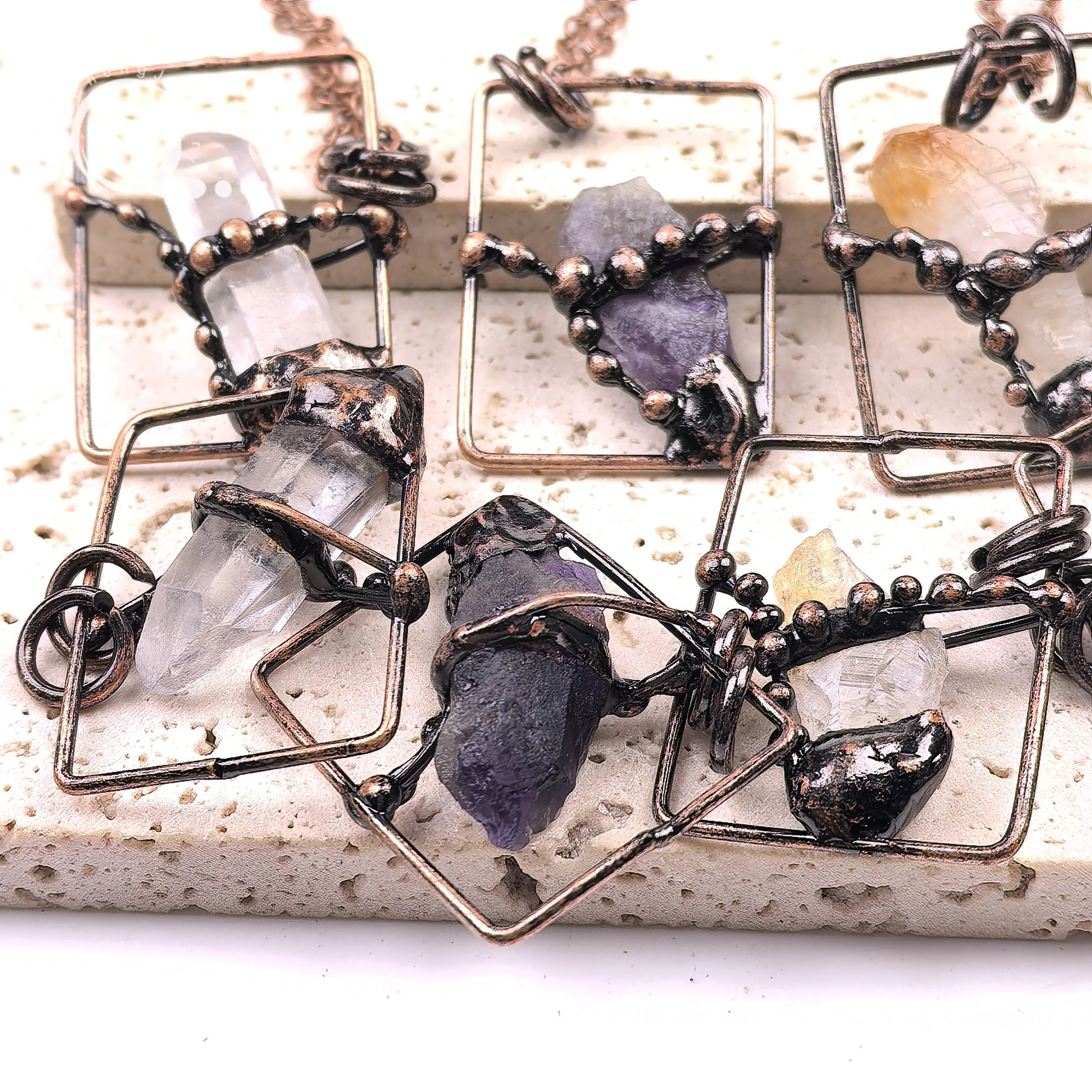 ملحوم البرونزية الخام كريستال نقطة قلادة العتيقة النحاس الخام سيترين جمشت الكتلة قلادة جالبة للحظ خمر مجوهرات QC3443 #4