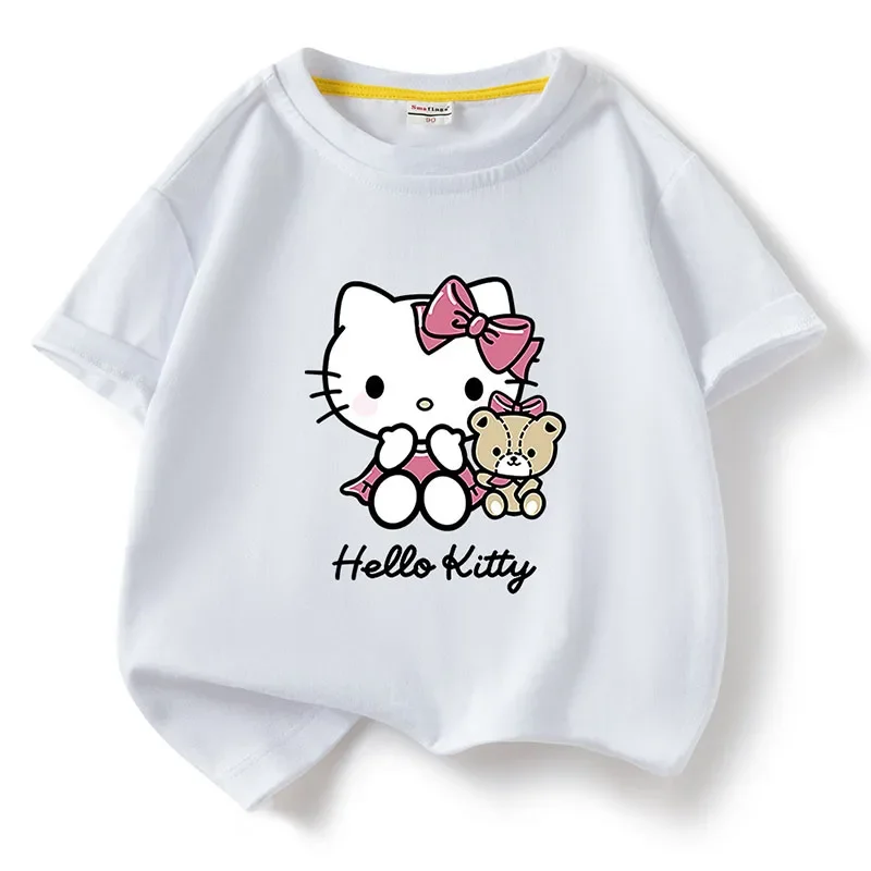 

Футболка Sanriou Hello Kitty, новинка 2025, трендовая хлопковая футболка с короткими рукавами для мальчиков и девочек, детская одежда, куртка с героями мультфильмов, удобный подарок