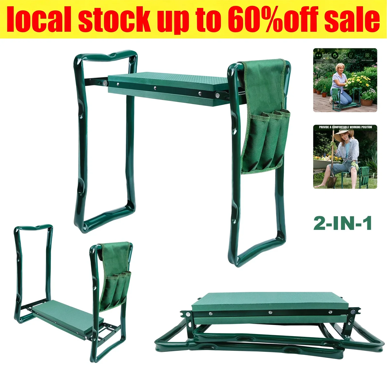 Banc de jardin pliable, banc de jardin portable, résistance jusqu'à 150 kg, mousse EVA, multifonctionnel, genouillère 2-en-1