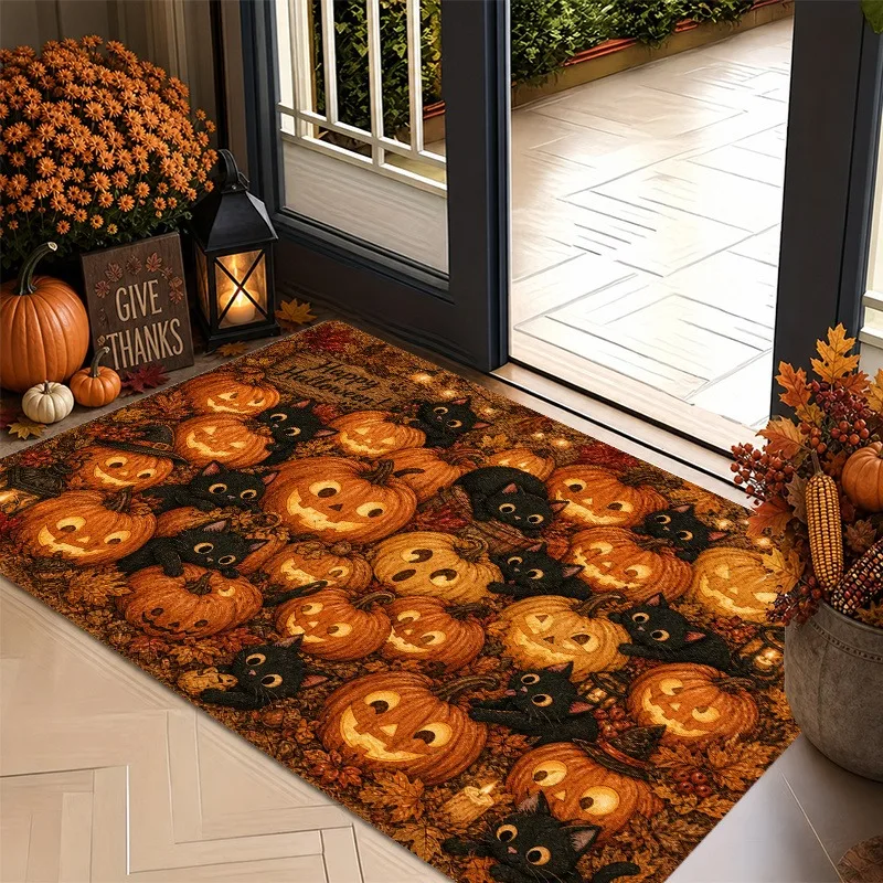Thanksgiving Autumn Pumpkin Black Cat Maple Leaf Pattern Non‑Slip Doormat Retro Fall Style Rug for Home Entrance Porch