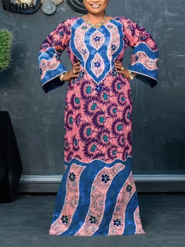VONDA, Vestidos largos con estampado Vintage para mujer, Vestidos largos bohemios informales de manga larga con cuello en V, bata de fiesta a la moda de talla grande 5XL