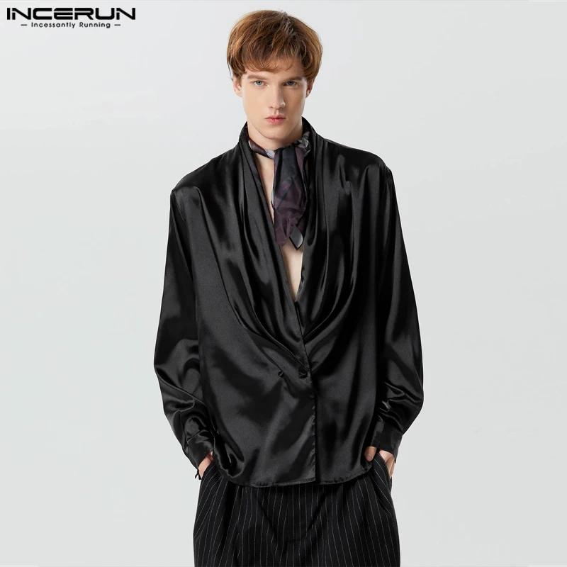 INCERUN Men Shirt Solid Color Satin V Neck Long Sleeve Button Streetwear Casual Men Clothing Loose 2023 Fashion Camisas S-5XL