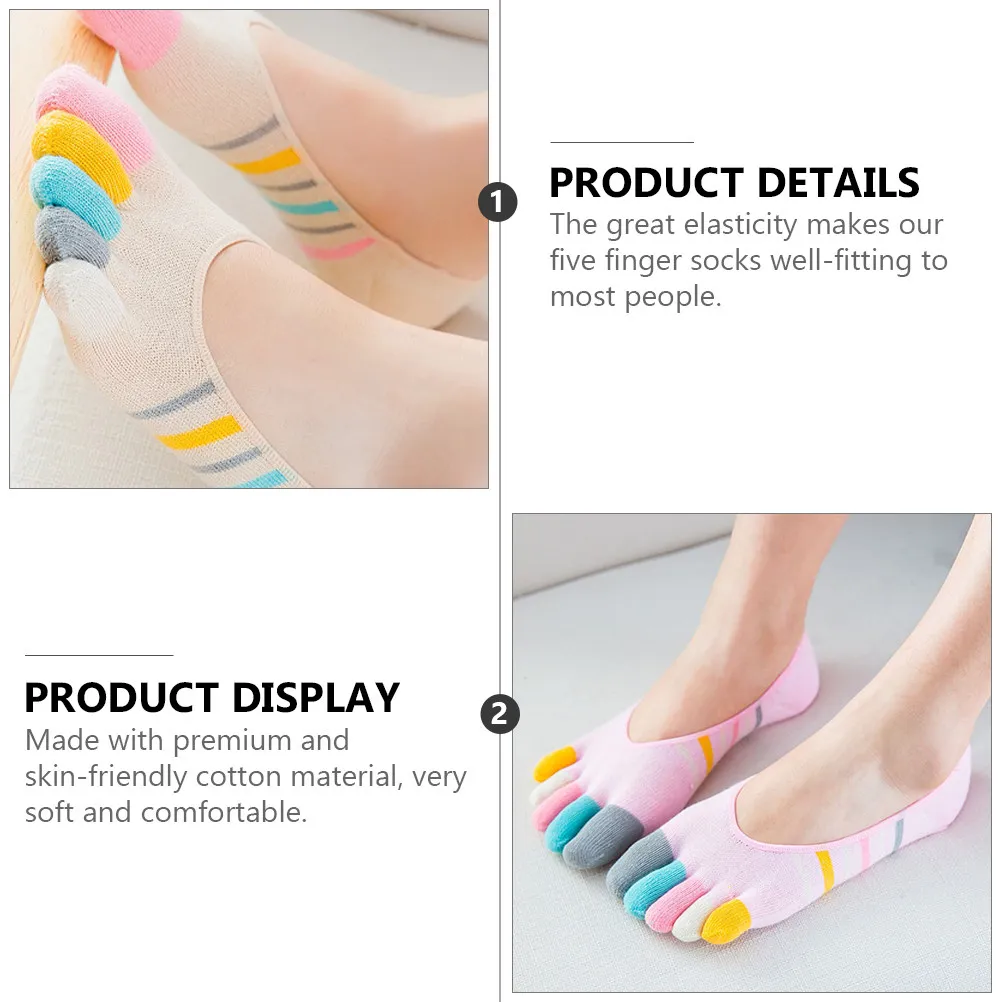 5Pairs Yoga Toe Socks Women's Invisible Low Cut Cotton Socks Stripe Pattern Breathable Elastic Anti Blister Fit for Casual Shoes