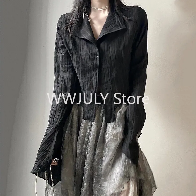 Gothic Black Shirt Yamamoto Style Dark Aesthetic Blouse Women Irregular Designer Clothes Emo Alt Clothes Grunge Tops Y2k