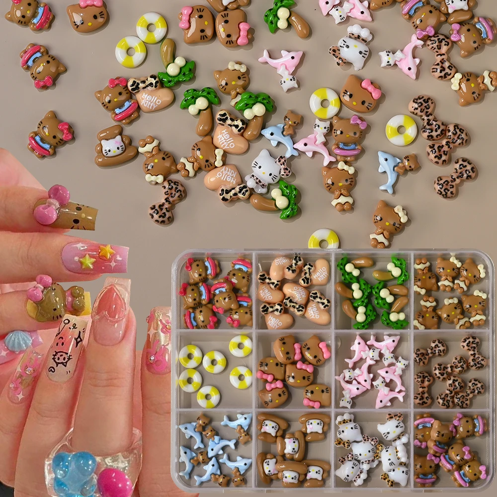 12 niñas 3D Sanrio leopardo Hello Kitty Nail Art Rhinestone mezclado leopardo Bowknot Kitty Nail Charms dibujos animados Kitty gato piezas de uñas
