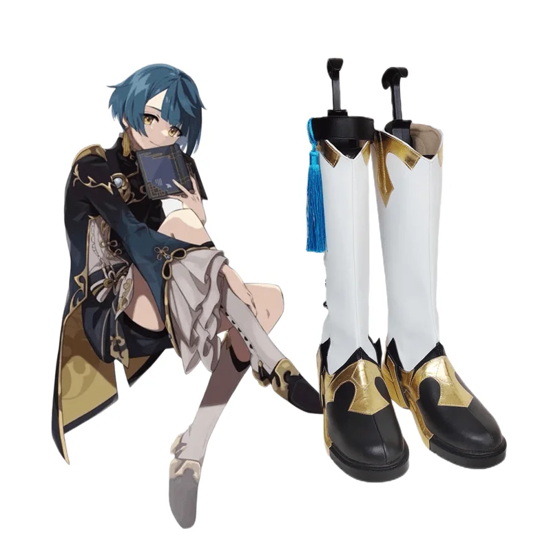 Genshin Auswirkungen Xingqiu Stiefel Schuhe Spiel Genshin Auswirkungen XingQiu Cosplay Kostüm Xing Qiu Perücke Outfit Ohrringe Halloween Kostüm