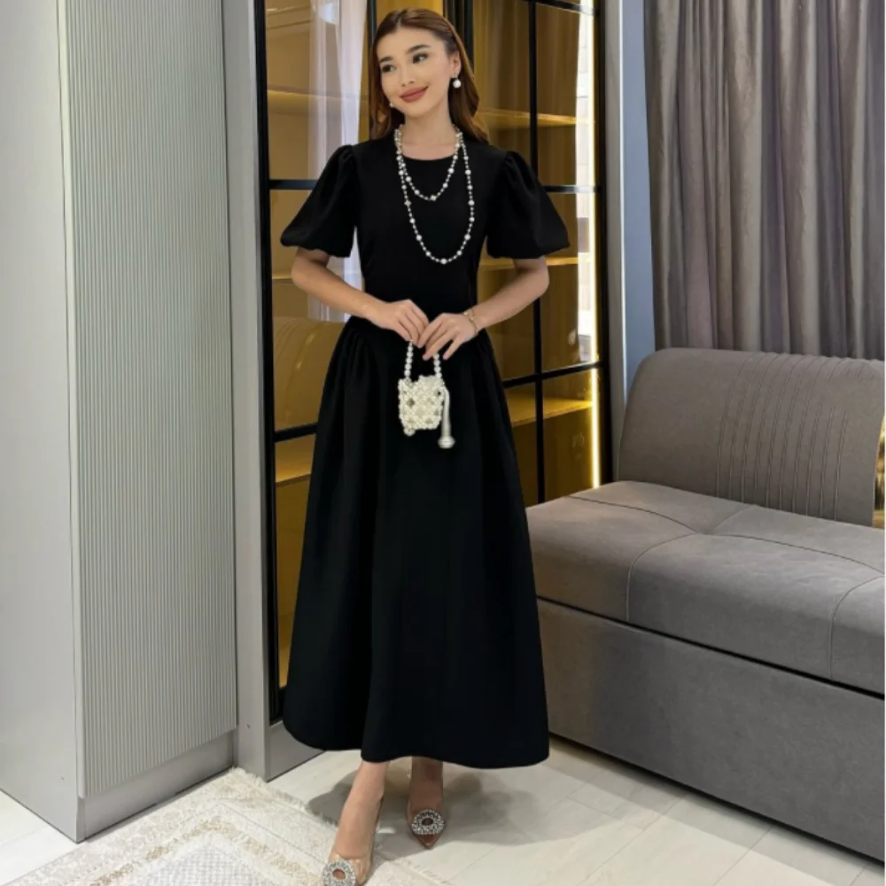 customized A-line Jersey Draped Anke length Prom Dresses Simple O-Neck Fashion Evening Dresses Skirts Fold Party Dresses