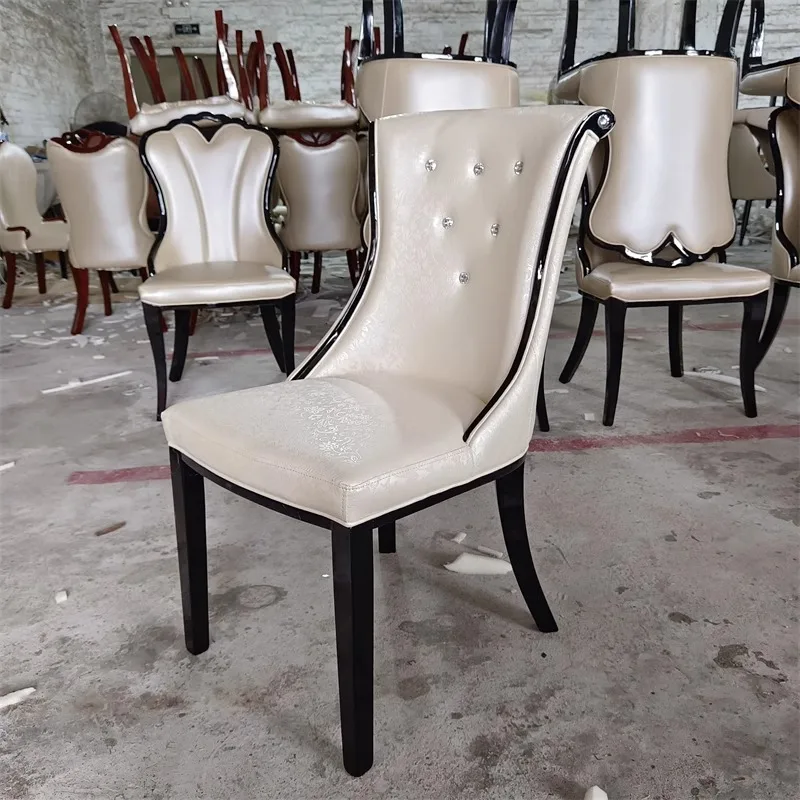 

European dining chair champagne simple modern restaurant fashion soft bag hotel Korean leather casual solid wood chair