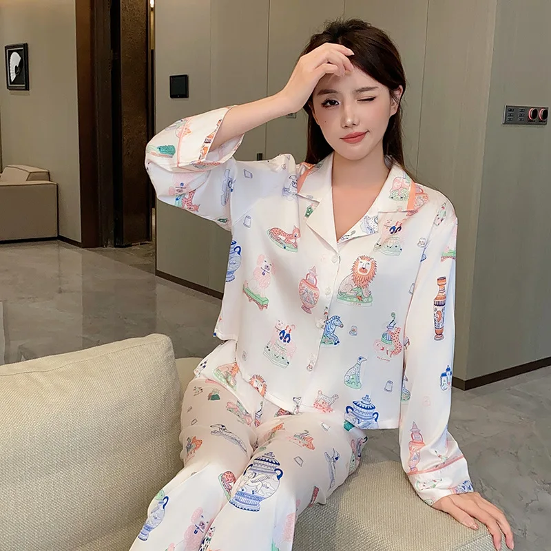 Spring Autumn Long Sleeved Loungewear Thin Satin Pajamas High-End Printed Casual Lapel Home Clothes Intimate Lingerie Nightwear