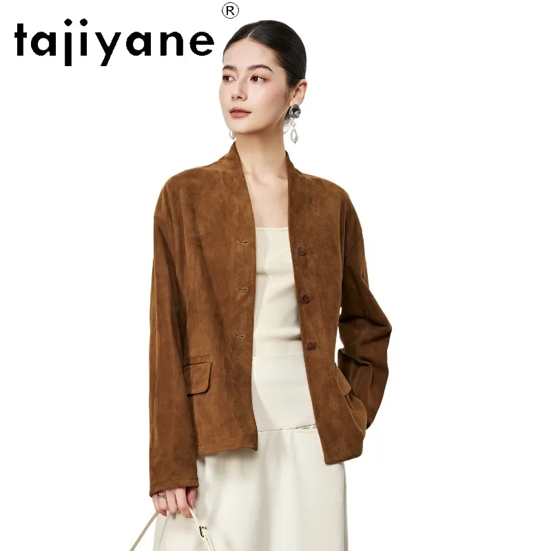 TAJIYANE 100% Goatskin Suede Genuine Leather Jacket Woman Short Leather Coat V-neck Jackets for Woman Autumn 2026 Кожаная Куртка