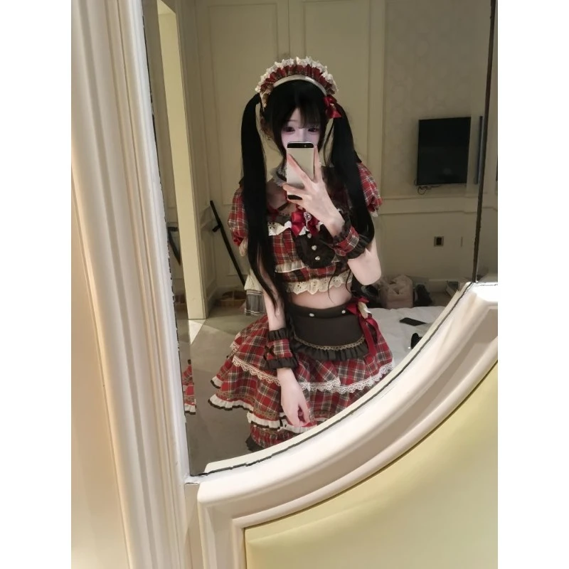 

Japanese Sweet Lolita Square Neck Puff Sleeve Lace 2 Piece Sets Women Bow Design Plaid Skirt Suits Kawaii Daily Party Cosplay