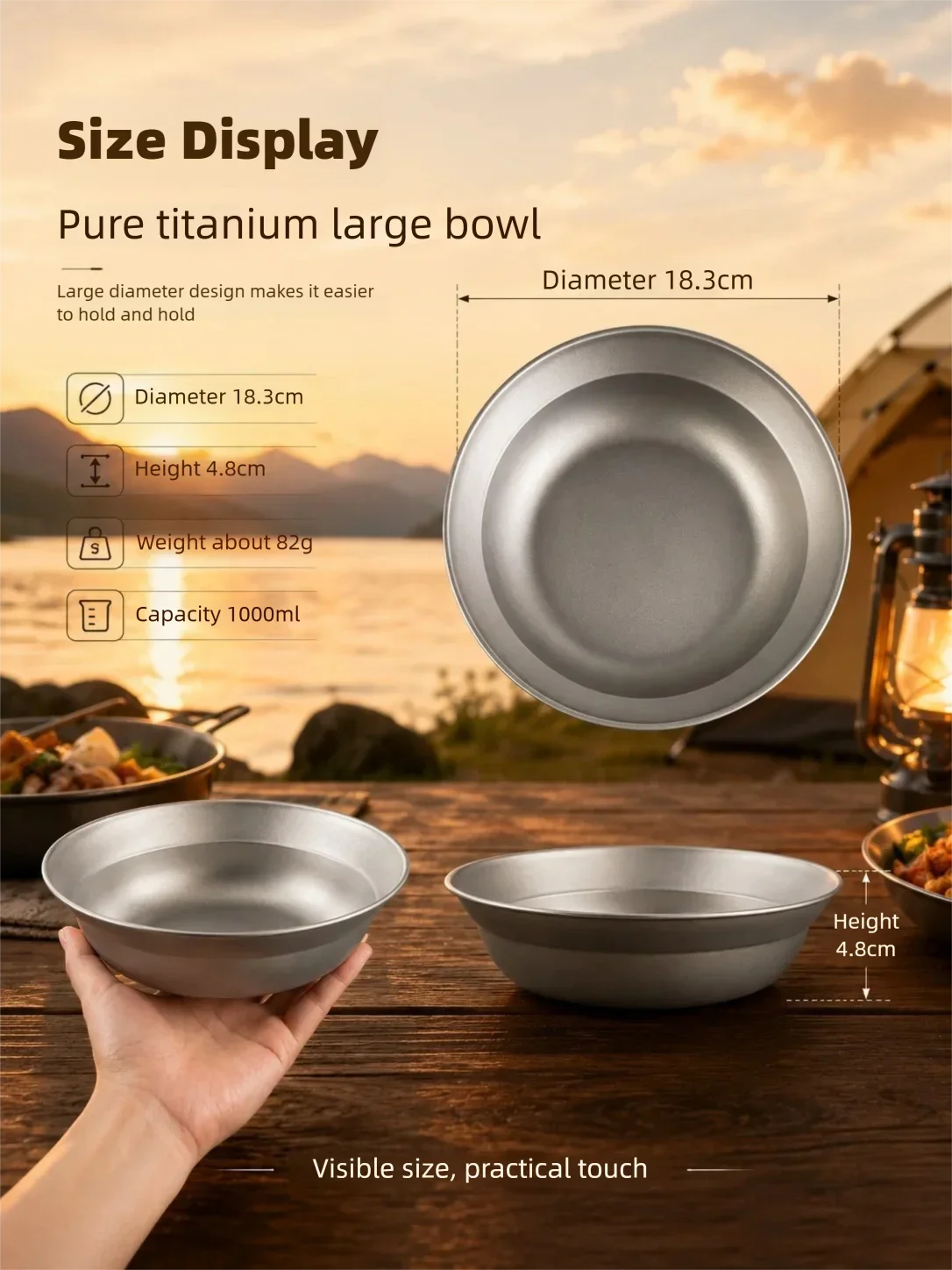 Reines Titan Camping-Geschirr: Große Schüssel, Teller, Besteck für Outdoor, Wandern, Reisen – Ultraleichte, tragbare Salatschalen und Lamian-Tischware – Detail 3