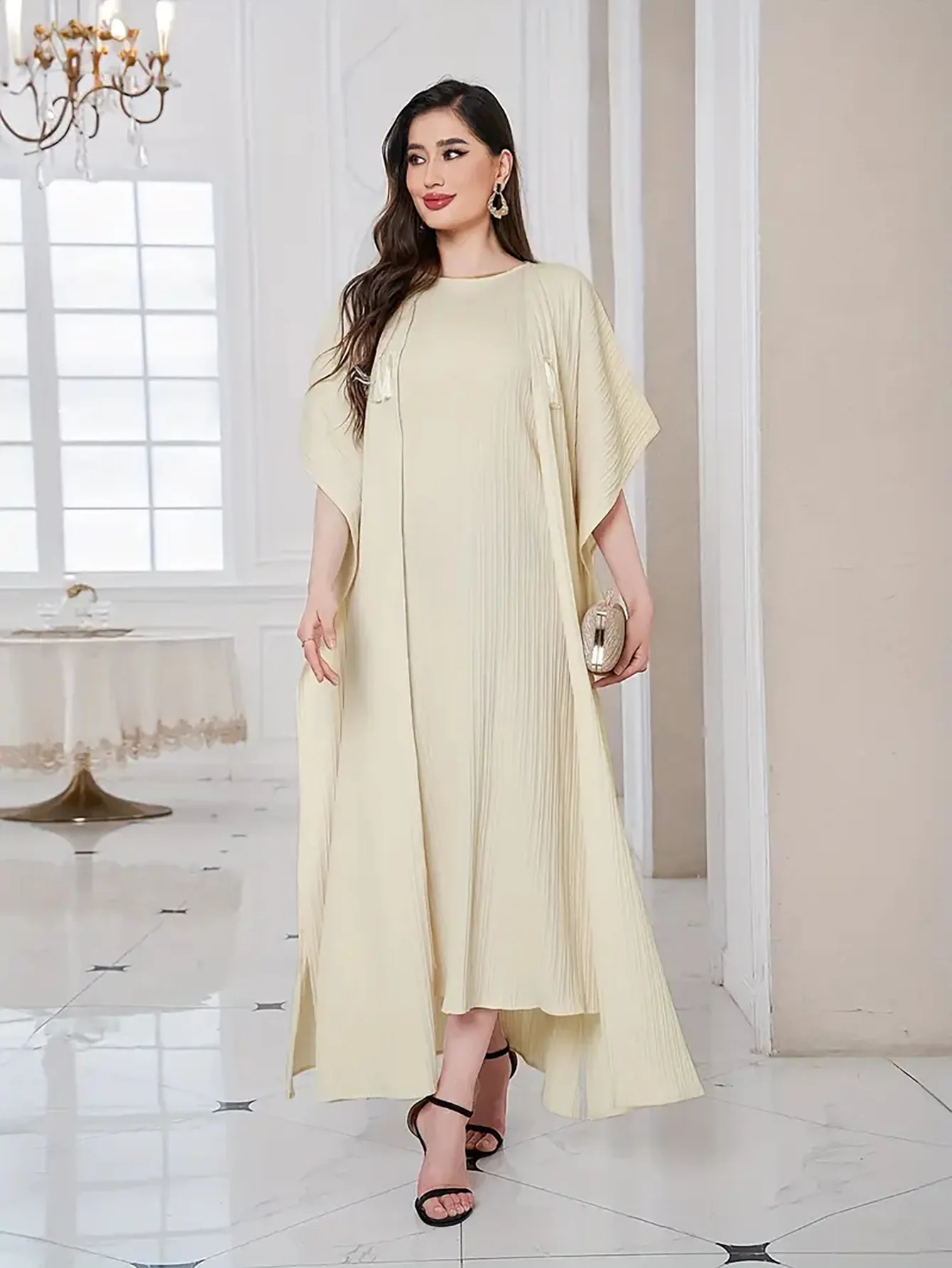 

Dubai Open Kimono Abaya Under Dress Inside Robe 2 Piece Set Muslim Women Inner Sleevess Dress Arab Eid Ramadan Islamic Clothing