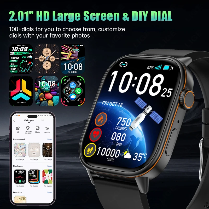 LIGE Outdoor GPS Sports Smartwatch Men 2.01" Display Screen Compass 420mAh Battery 178+Sport Mode Waterproof Bracelet Smartwatch