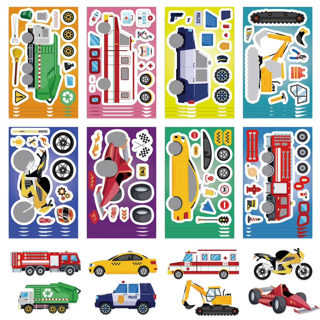 8-Style Cartoon Construction Vehicle Make a Face Stickers - DIY Decor for Journals, Cards & Phone Cases AnimeWorlds Store