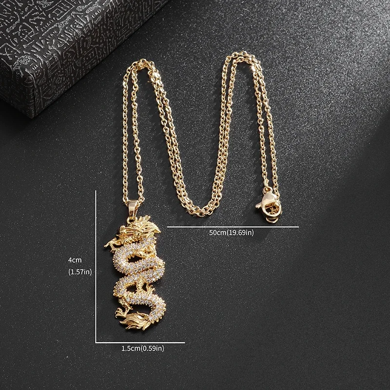 Exquisite Shining Cubic Zirconia Auspicious Dragon Pendant Necklace for Men Women Fashion Lucky Amulet Jewelry Gifts