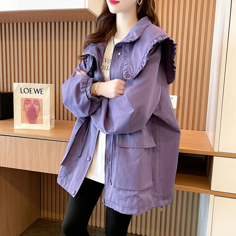 

Fashion Sailor Collar Shirring Bandage Trench Coats Female Clothing 2024 Autumn Winter New Loose Casual Tops Young Style Jackets