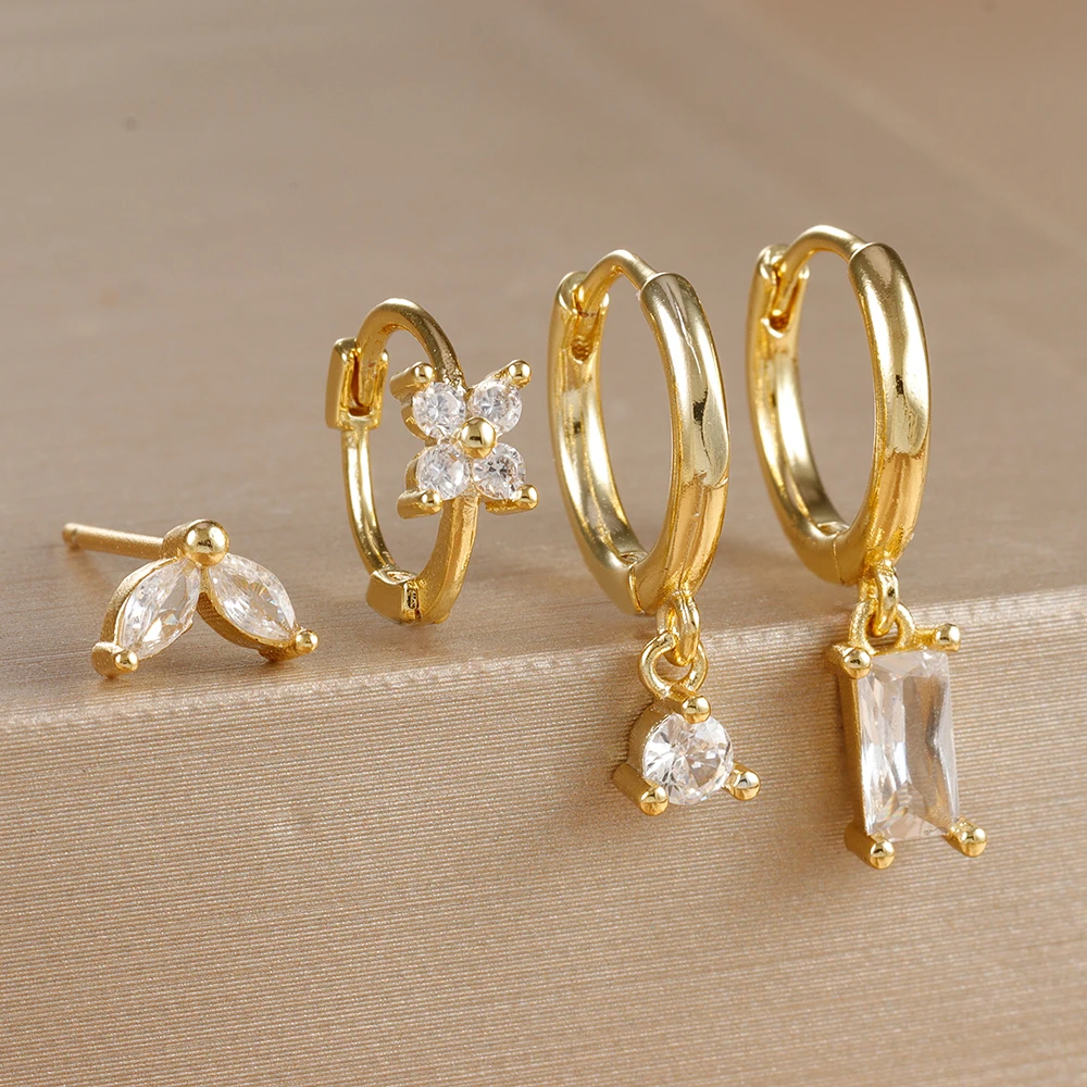 4PCS Stainless Steel Little Huggies Hoop Earrings For Women Tiny Crystal Zirconia Pendant Cartilage Earrings Piercing Jewelry