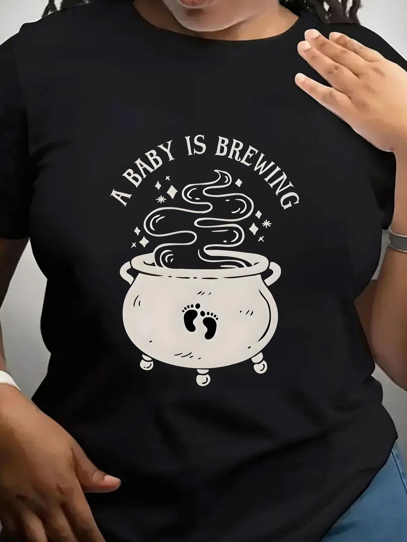 Women's Trendy Crew Neck T-Shirt Baby Is Brewing Cauldron Print Suitable for Casual Sportswear