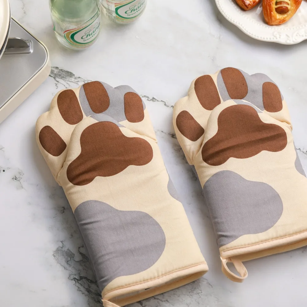 Cute Anti-scalding Cat Paws Oven Mitts Heat Resistant Insulated Heat Kitchen Gloves Cotton Lined Thickened Potholder Dish