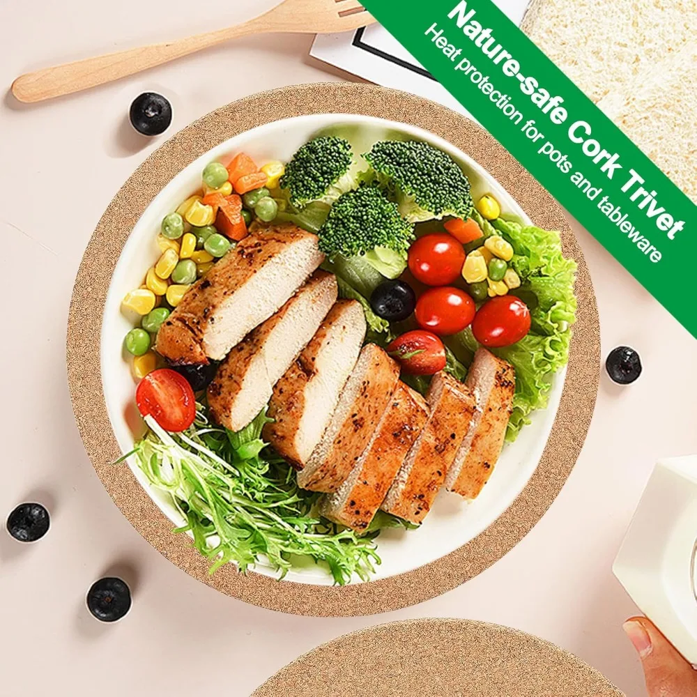 4-Pack 8" High-Density Gray Cork Trivets, Heat-Resistant & Multifunctional.