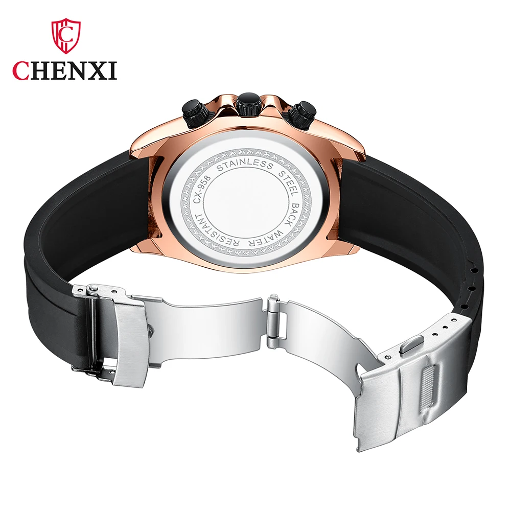 Chenxi multi-funcional esportes pulseira de silicone homem relógio fase da lua à prova dwaterproof água cronógrafo negócios casual quartzo relógios masculinos