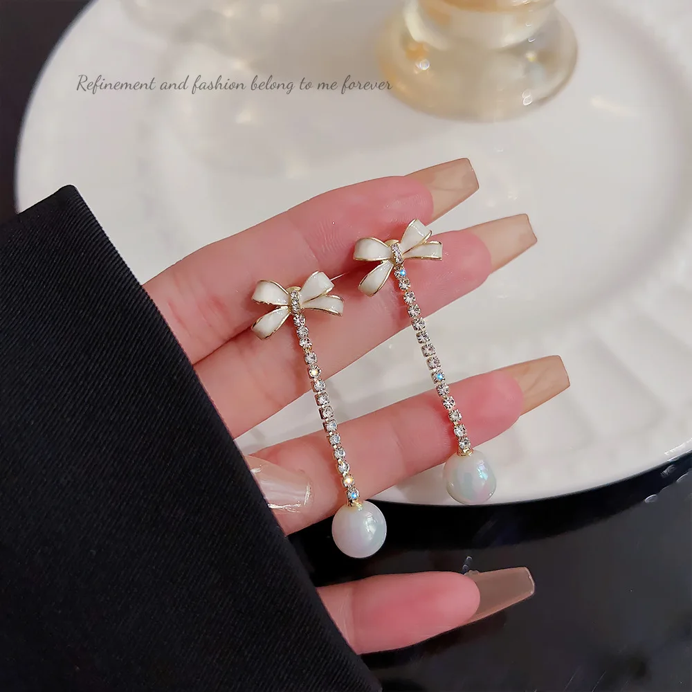 Elegant Bow Knot Imitation Pearl Drop Earrings for Women Trendy White Enamel Oil Rhinestones Crystal Dangle Jewelry