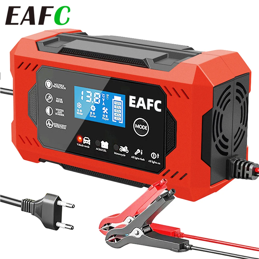 EAFC Car Smart Battery Charger 12V 6A Car and Motorcycle Battery Charging Device Lead-acid Battery Smart Repair LCD Display