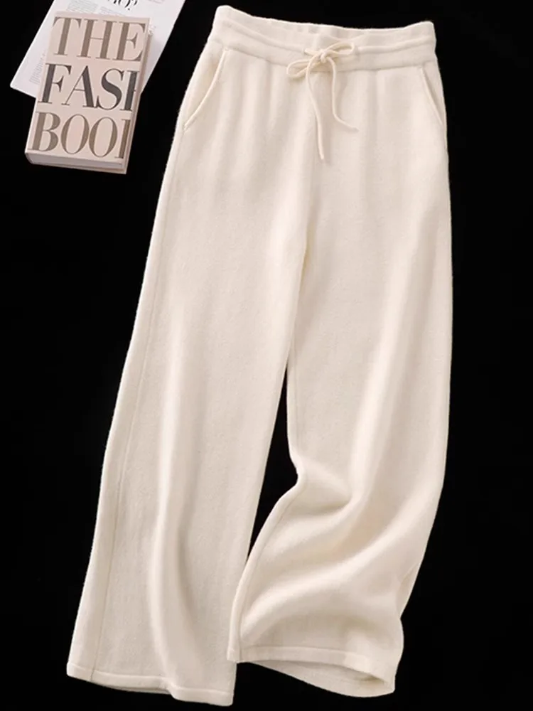 Pantalon blanc paresseux et décontracté pour femme, nouvelle collection automne et hiver, jambes larges, taille haute, droit, tricoté, décontracté