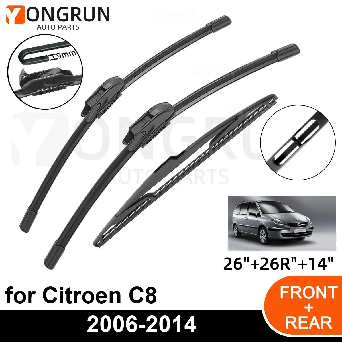 

3PCS Car Wiper for Citroen C8 2006-2014 Front Rear Windshield Windscreen Wiper Blade Rubber Accessories