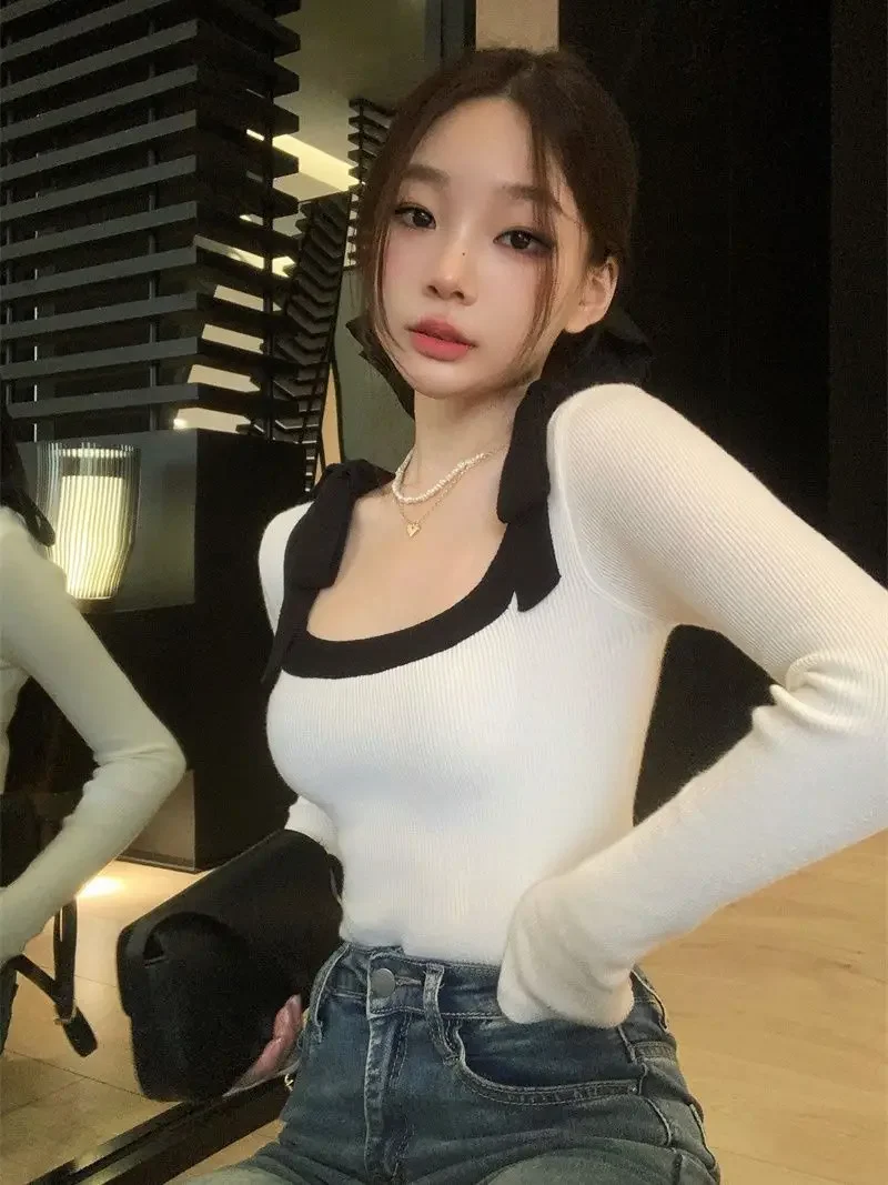 Slim Vintage Bow Bandage Top French Style Sueter Mujer Jersey Square Collar Sweaters Crop Spring New Black Sweater White Shirts