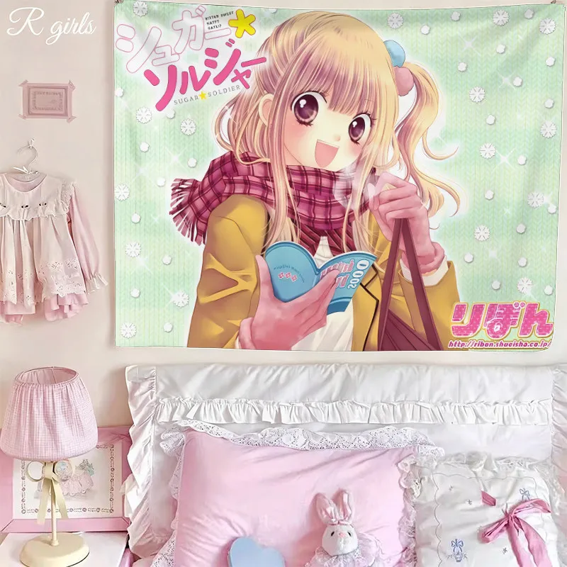 VIKAMA Kawaii Sugar Soldier Anime Girl Tapestry Tea Party Dessert Rabbit Cartoon Wall Hanging Aesthetic Bedroom Decor